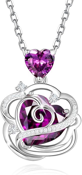 FANCIME Thornless Pulse Heart Birthstone Necklace for Women Sterling Silver Rose Pendant Fine Jewelry Gemstone Birthday Valentines Day Gifts for Wife Her