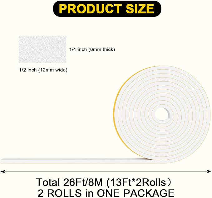 White Weather Stripping Door Seal, Foam Tape Insulation, 1/2x1/4in | Blocks - Image 4