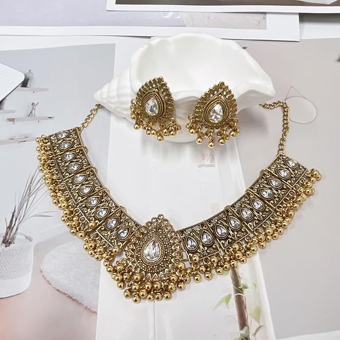 Indian Wedding Bridal Traditional Bohemian Jewellery Set for Women Girls Antique Oxidized Ethnic Party Prom Wear Statement Necklace Earring Tassel Bollywood Choker Punk Crystal Fashion Gift for Bride