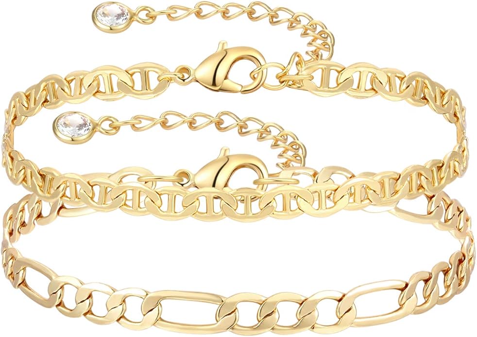 Dainty Layered Gold Chain Bracelet for Women 14K Gold Plated Handmade Adjustable Bracelet Satellite Beads Oval Mariner Figaro Link Chain Bracelets Minimalist Layering Stacking Jewelry Gift for Women