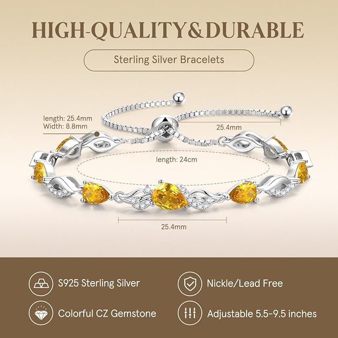 FANCIME Birthstone Teardrop Tennis Bracelet for Women, Sterling Silver 9x7mm main Gemstone Bolo Adjustable Chain Bracelet Fine Jewelry Birthday Gifts for Women Mom Wife Her