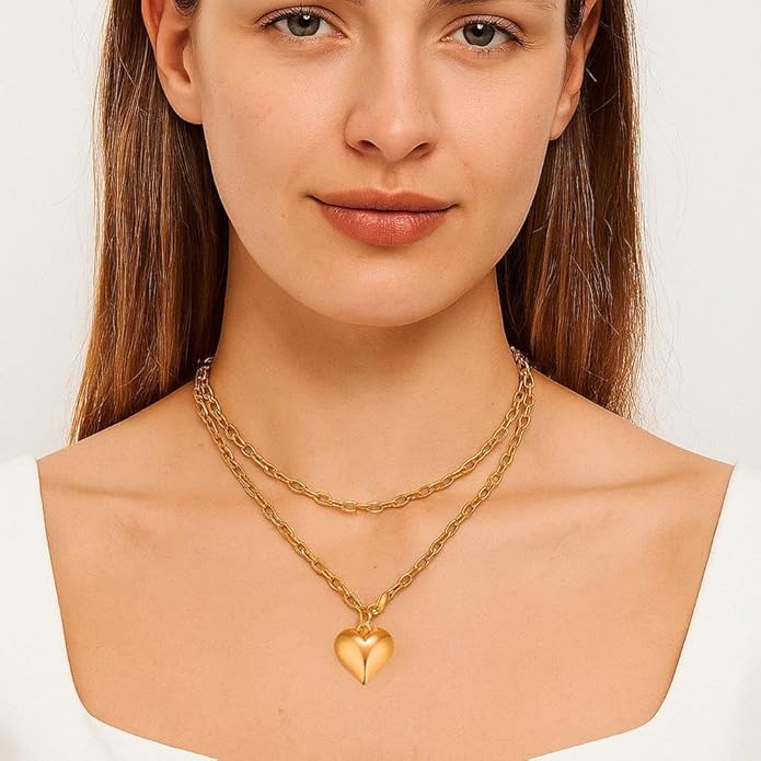Chunky Gold Heart Necklace for Women,Y2K Big Heart Statement Necklace Long Puffy Hearts Chain Charm Necklaces Trendy Jewerly