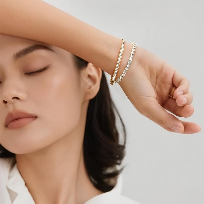 Stackable Gold Bracelets for Women - 2Pcs 18K Gold Plated Cubic Zirconia Bangle Bracelet Friendship Tennis Bracelet Stack Jewelry,Party Christmas Birthday Gifts for Her Girlfriend Sister Wife Daughter