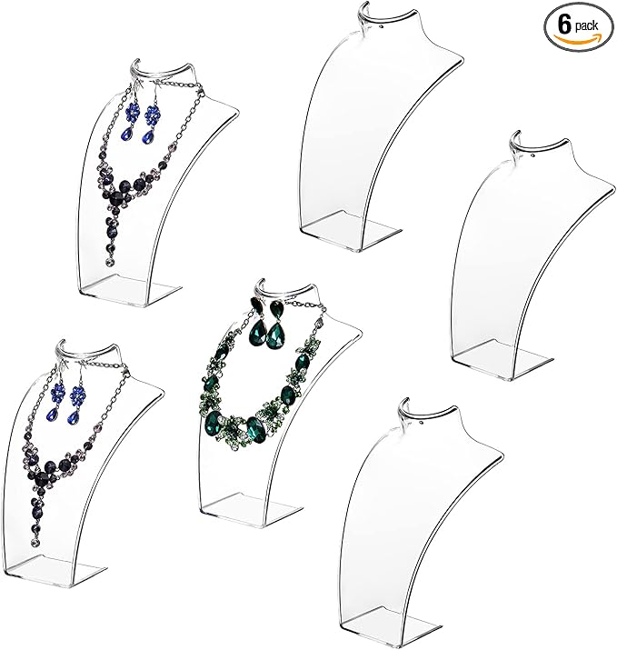 MyGift Acrylic Necklace Holder Jewelry Display Set of 6 for Retail Vendor Bust and Earring Premium Clear Countertop Stand