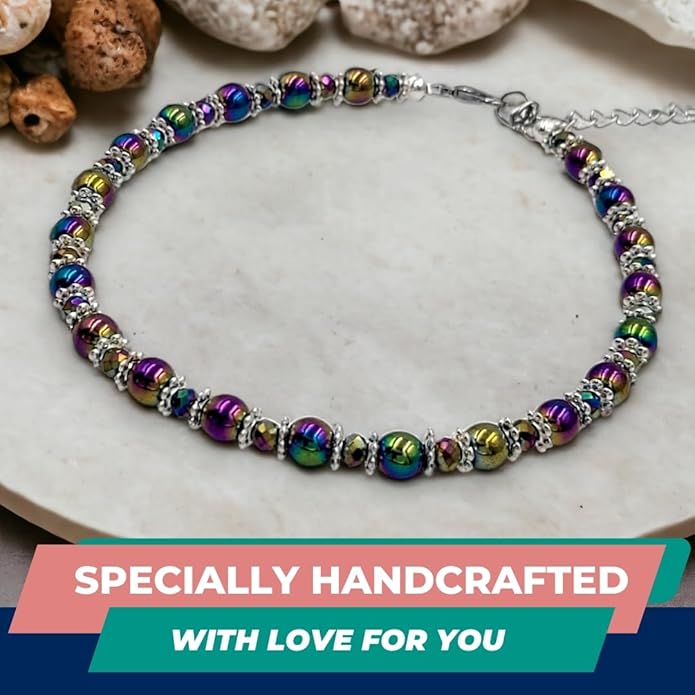 BESHEEK Rainbow Anklet Bracelet Hue Twisted Hematite and Round Artisan Beaded Anklet with Extension Handmade Hypoallergenic Beach Gala Wedding Style Jewelry