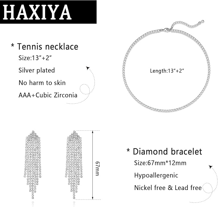 Tennis Necklace Bracelet for Women, Sterling Sliver, Dainty Chocker Necklace, Crystal Bracelet for Women, Wedding Jewelry for Bride, Sparkly Party Prom Hypoallergenic