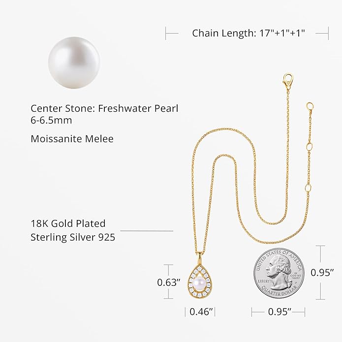 Pearl Pendant Necklace for Women, Freshwater Cultured Single Pearl Necklace with Moissanite Accents, Dainty Gold Necklace for Women, 18K Gold Plated Sterling Silver, Pearl Jewelry Gift for Her Anniversary Birthday