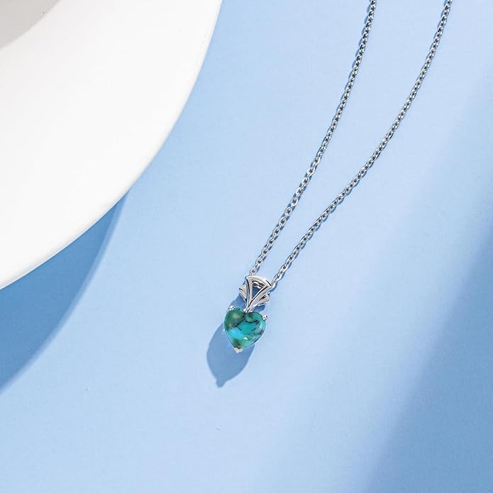 Agvana Valentines Day Gifts 14K White Gold Gemstone Pendant with Sterling Silver Chain 8mm Heart Birthstone Necklace for Women Fine Jewelry Anniversary Birthday Gifts for Women Mom Wife Girlfriend Her