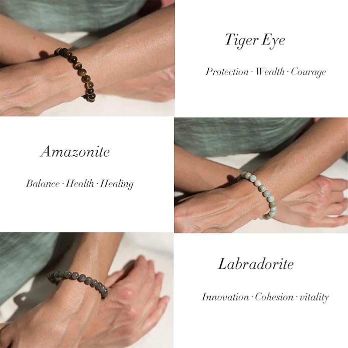 16PCS Natural Crystal Bracelets for Women Men - 8mm Semi-Precious Gemstone Beaded Bracelets, Round Gemstones Stretch Bracelet, Yoga Bracelets Jewelry Gifts