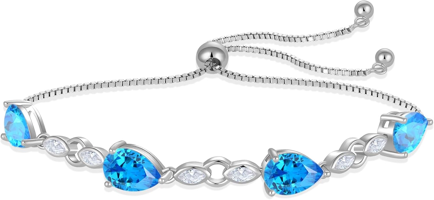 Teardrop Birthstone Bracelet for Women, S925 Sterling Silver Pear Cut Cubic Zirconia Bracelet Dainty Adjustable Chain Jewelry Gift for Her