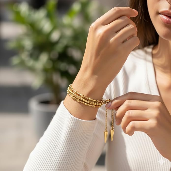 Adjustable Brass Bracelet for Women – Multi-Strand Bead and Bar Chain Design with Sliding Clasp, Minimalist Fashion Jewelry for Everyday Wear and Gifting