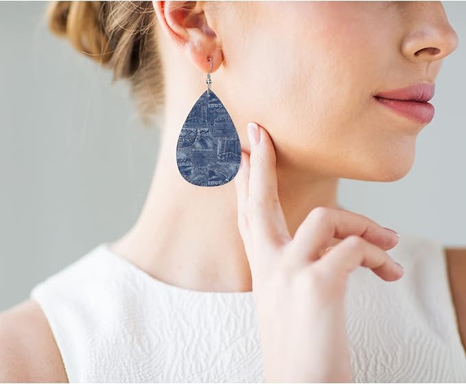 Denim Leather Teardrop Earrings Vintage Denim Stitching Fold Art Faux Leather Water Drop Earrings Jewelry For Women Friends Wedding