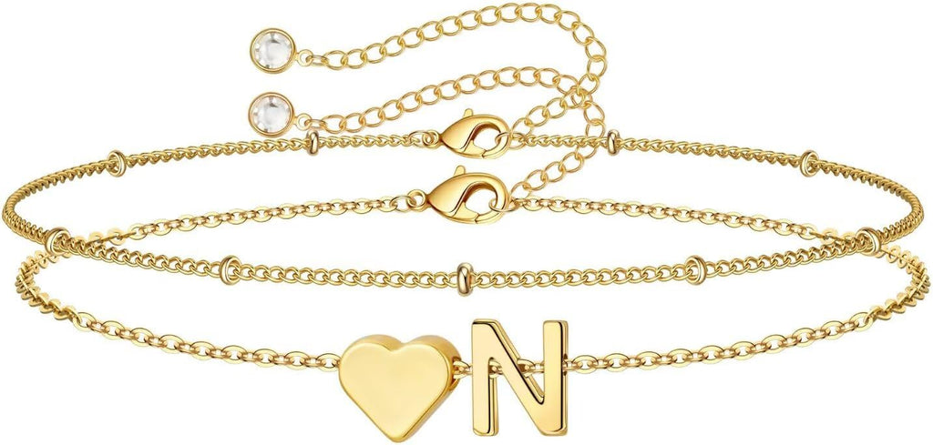 M MOOHAM Valentines Day Gifts for Kids Teen Girls -14K-Gold-Plated Heart Initial A-Z Bracelets for Women Girl Dainty Gold Bracelets Birthday Valentines Gifts for Women Her Teenage Girls Kid Teen Gift