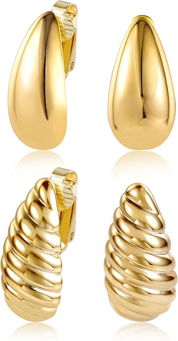 Teardrop Clip On Earrings Dupes Earring for Women Chunky Hoop Earrings Hypoallergenic Lightweight Dangle Water Drop Earring Set for Women