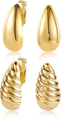 Teardrop Clip On Earrings Dupes Earring for Women Chunky Hoop Earrings Hypoallergenic Lightweight Dangle Water Drop Earring Set for Women