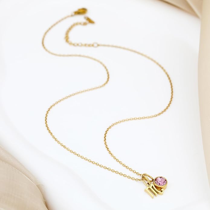 MISS RIGHT Initial Birthstone Necklace for Women - Personalized Gifts Birthday Gifts for Women Stainless Steel 18K Gold Plated Dainty Gold Zodiac Sign 12 Constellation Horoscope Necklace Jewelry