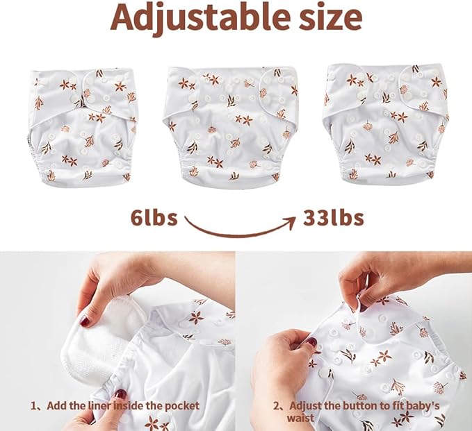 HappyFlute 9 Sets Newborn Baby Cloth Pocket Diapers Adjustable Reusable for Baby Boys and Girls(6-33 pounds,0-3 Years),One Wet Bag+4Diapers and 4Inserts