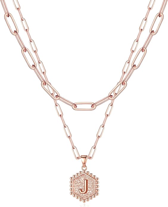 M MOOHAM Valentines Gifts for Women Teen Girls, 14K-Gold-Plated Initial Necklaces for Women Cute Hexagon Letter Initial Necklace Layered Necklaces for Womens Teen Girl Valentines Jewelry Gifts