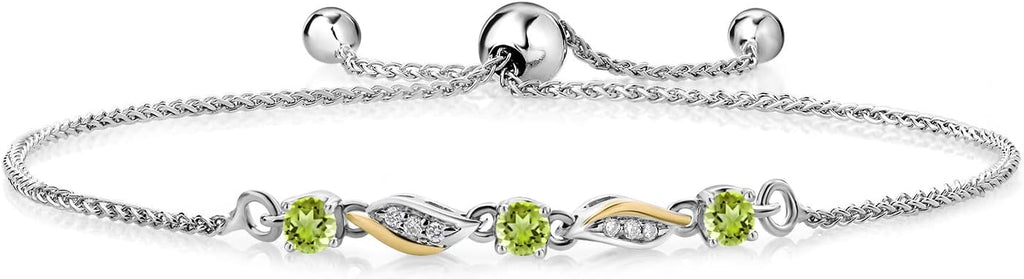 Gem Stone King 3-Stone Adjustable Bracelet for Women | 925 Silver and 10K Yellow Gold | Gemstone Birthstone and Lab Grown Diamond | Round 3MM | Two-Tone Adjustable Tennis Bracelet Up to 9 Inch
