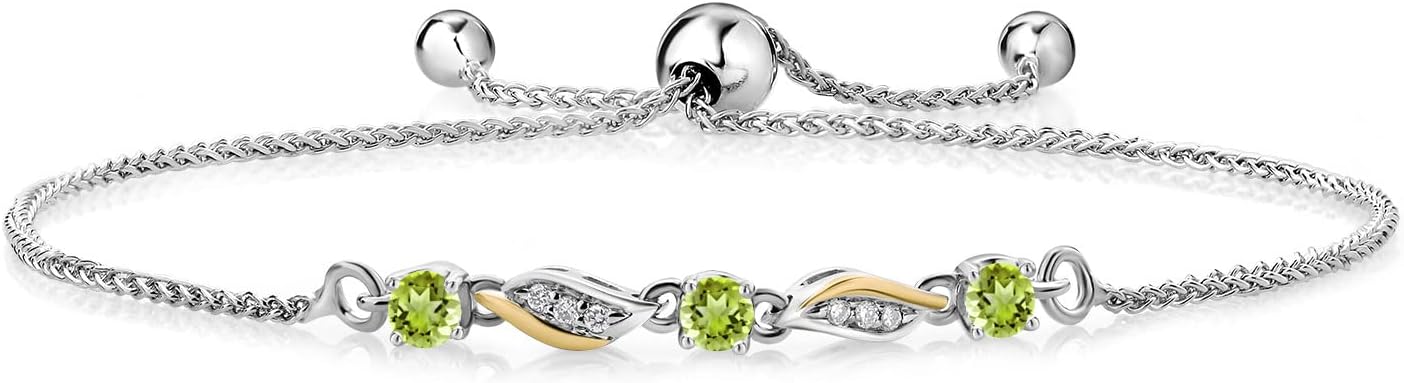 Gem Stone King 3-Stone Adjustable Bracelet for Women | 925 Silver and 10K Yellow Gold | Gemstone Birthstone and Lab Grown Diamond | Round 3MM | Two-Tone Adjustable Tennis Bracelet Up to 9 Inch