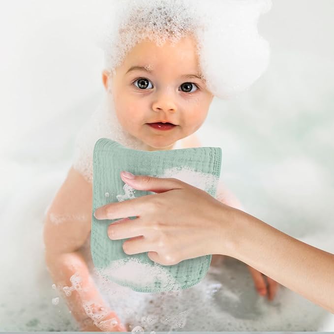 Baby Burp Cloth 100% Cotton Newborn Cotton Muslin Burp Cloth 10x20 inches (White & Green 6 Pieces)