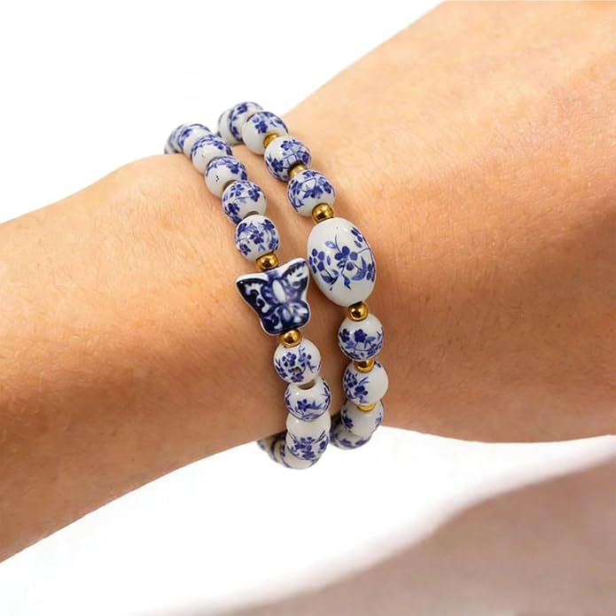 Butterfly Charm Bracelet Set - Blue and White Porcelain Beaded, Adjustable Vintage Stretch Bracelets for Women, Handmade Dainty Jewelry Gift