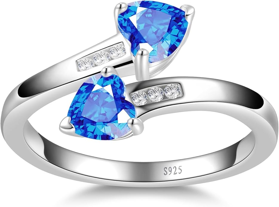 1CT Adjustable Women Heart Ring 925 Sterling Silver Birthstone Rings for Women Promise Ring for her Simulated Gemstone Statement Stackable Band Width 2mm Open Size 5~9
