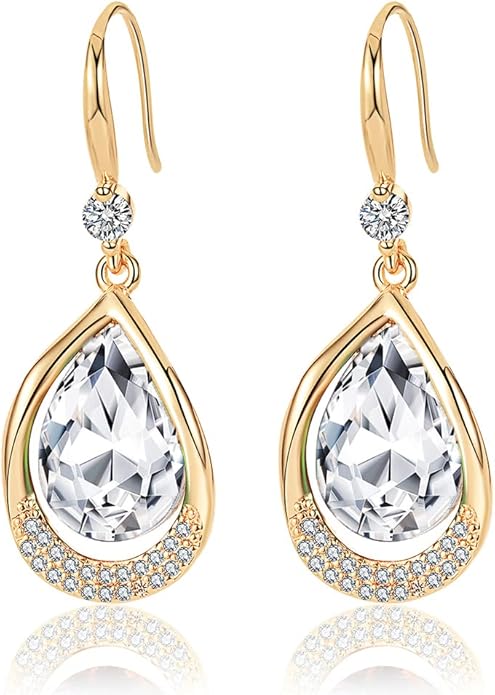 Austrian Crystal Halo Teardrop Hollow Drop Dangle Earrings for Women 14K Rose Gold Plated Hypoallergenic Jewelry Gifts