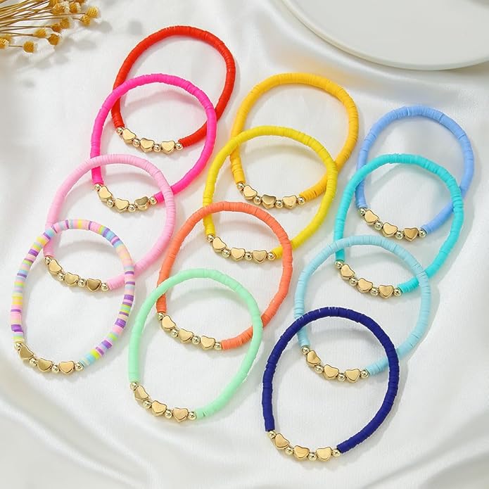 Friendship Bracelets Boho Stackable Bracelets for Women Surfer Heishi Clay Bead Bracelets Stretch Preppy Bracelets Colorful Boho Bracelets for Women