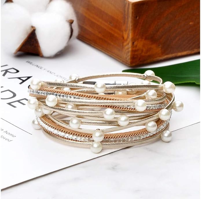 Fesciory Leather Wrap Bracelets for Women, Boho Leopard Multi-Layer Crystal Beads Cuff Bracelet Jewelry