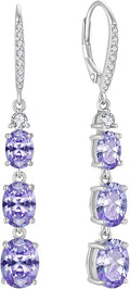 Women 925 Sterling Silver Birthstone 3-stone Leverback Drop Dangle Earrings 5A Cubic Zirconia Jewelry for Her