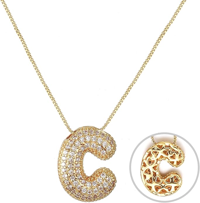 RWQIAN Letter Necklace for Women Bubble, Chunky Initial Alphabet A-Z Pendant Puffy Name Personalized Necklace Dainty Zircon CZ Fashion Jewelry Gifts for Girls Girlfriend