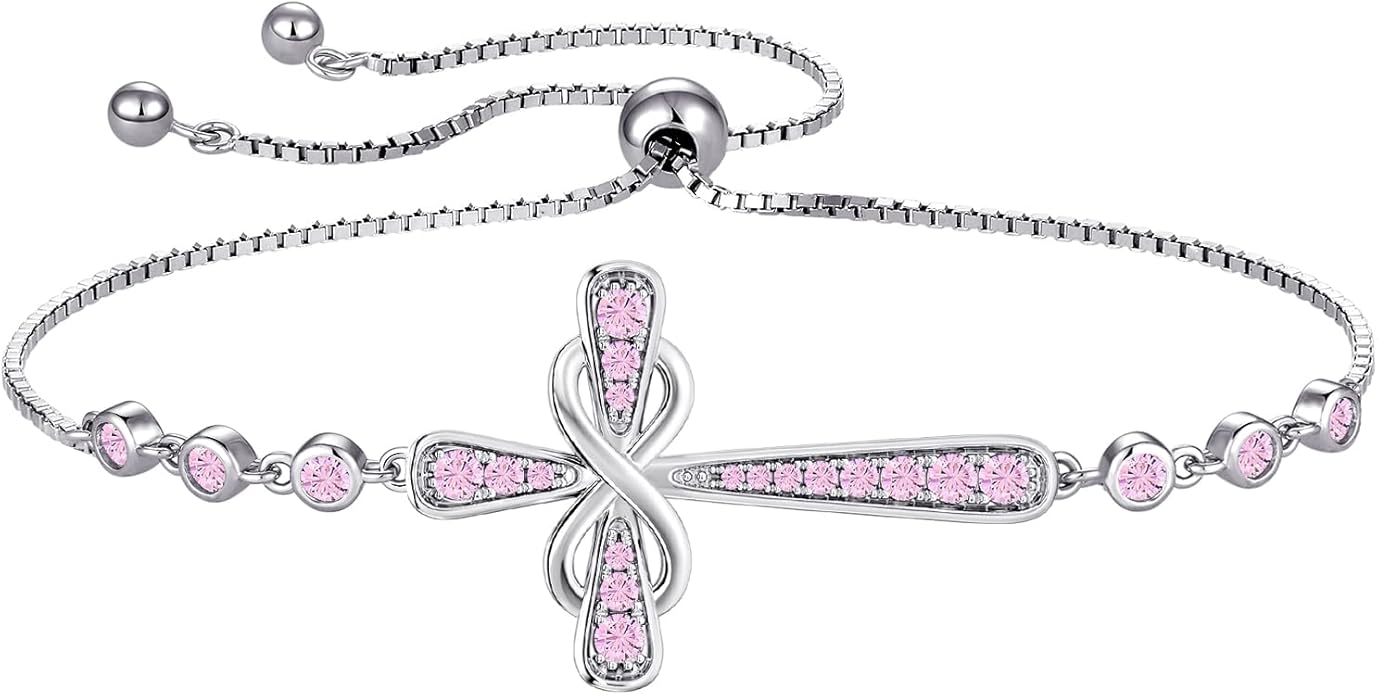 YL Cross Bracelet 925 Sterling Silver Infinity Sideways Link Bracelet Birthstone Jewelry for Women