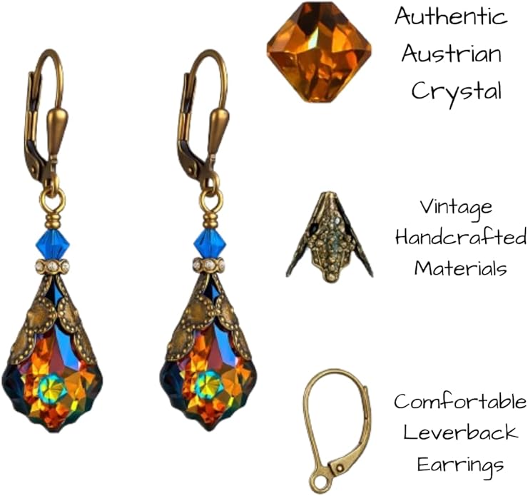 Antique Inspired Vintage Victorian Dangle Drop Earrings for Women - Colored Austrian Crystal Leverback Earrings - Jewelry Gift for Her