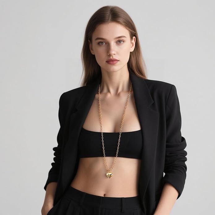 16k Gold Plated Chunky Statement Necklace for Women, Bold Thick Layered Puffy Heart Design, Long Gold Jewelry, Trendy Women's Fashion Necklace