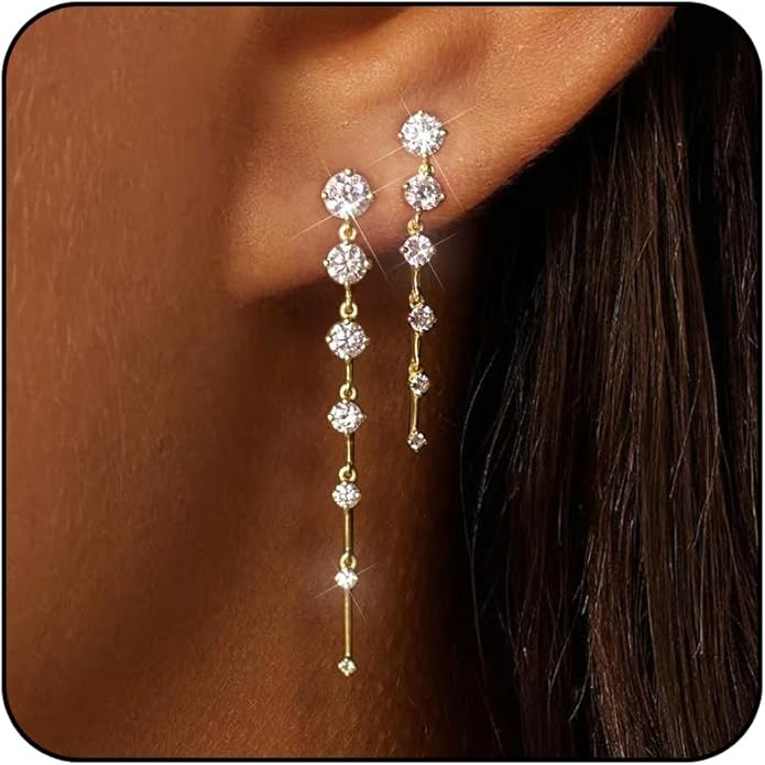 14K Gold Plated Dangle Earrings for Women Dainty Silver Drop Earring Trendy Small Long Dangling Wedding Bridesmaid Hoop Diamond Crystal Cute Earring Jewelry Valentine Gifts