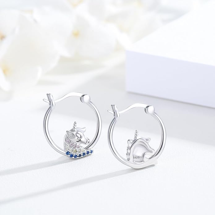 JUSTKIDSTOY Hypoallergenic Panda/Unicorn/Hummingbird/Dolphin Hoop Earrings for Women 925 Sterling Silver Animal Huggie Hoop Earrings Jewelry Gifts for Sensitive Ears