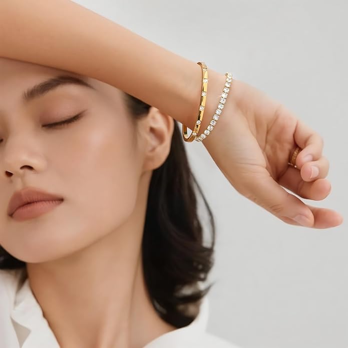Stackable Gold Bracelets for Women - 2Pcs 18K Gold Plated Cubic Zirconia Bangle Bracelet Friendship Tennis Bracelet Stack Jewelry,Party Christmas Birthday Gifts for Her Girlfriend Sister Wife Daughter