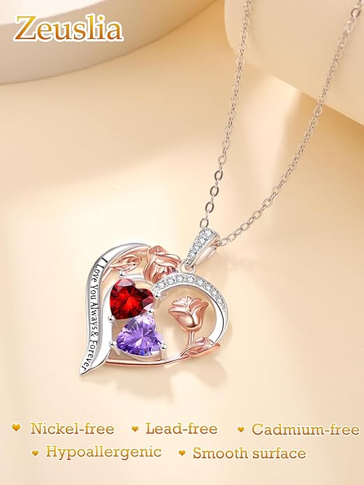 Valentine's Day Gifts for Wife 925 Sterling Silver Double Birthstone Pendant Necklaces I Love You for Always and Forever Necklace Anniversary Birthday Gifts for Wife Girlfriend Mom Her