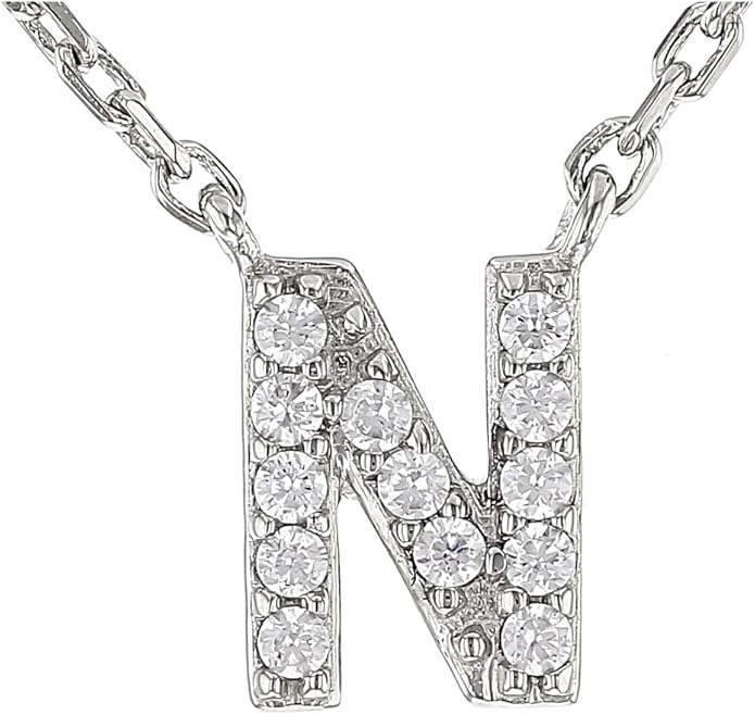 JTV Sterling Silver Initial Necklace for Women, 0.13 CTW White Cubic Zirconia Letter Pendant, Rhodium-Plated, Personalized Monogram Jewelry, Gift Box Included, 18”