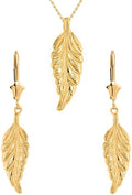 Solid 14k Yellow Gold Bohemia Leaf Feather Necklace and Earring Set