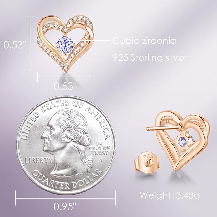 CDE Forever Love Heart Stud Earrings for Women, 925 Sterling Silver Birthstone Heart Stud Earrings Christmas Day Mother's Day Gift Anniversary Birthday Jewelry Gifts for Women Wife Her