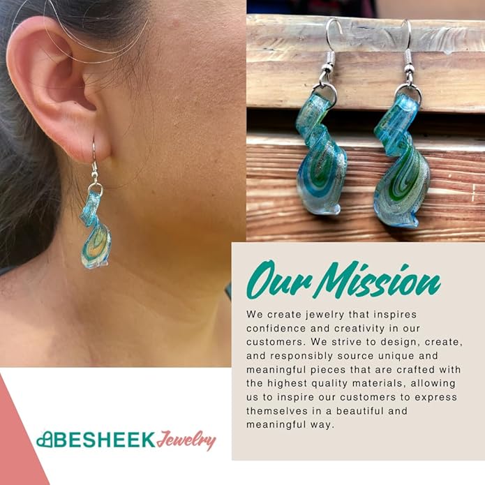 Handmade Murano Inspired Gorgeous Artist Made Twist Blue Glass Earrings Handcrafted Blown Hypoallergenic Artisan Lampwork Italian Style Jewelry Aqua
