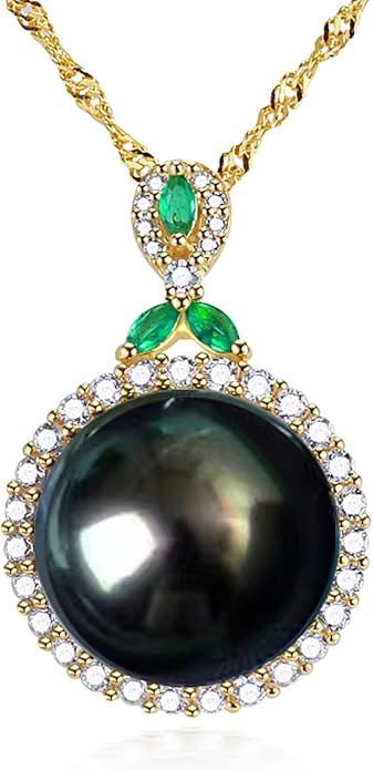 Gifts for Women- Tahitian-Black-Pearl-Necklace for Women, 12-13mm Real South Sea Pearls Pendant Sterling Silver Plated 18K Gold With Urquoise- Christmas Mothers Day Valentine's Day Jewelry