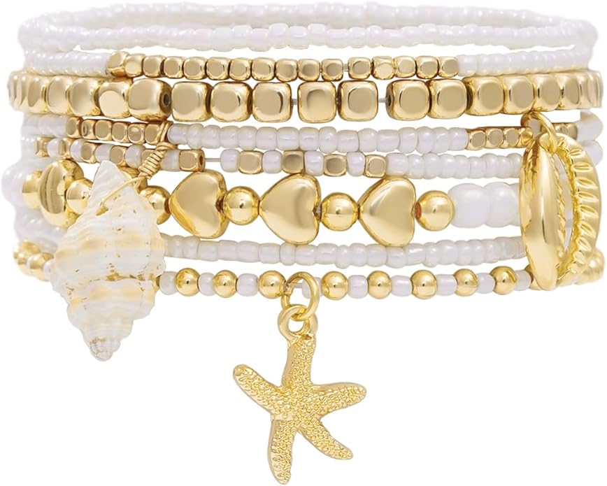 Shell Bracelet Seashell Boho Beaded Stretch Bracelets for Women Summer Beach Bracelets Starfish Charm Bracelet Stackable Gold Plated Bracelets Set for Women