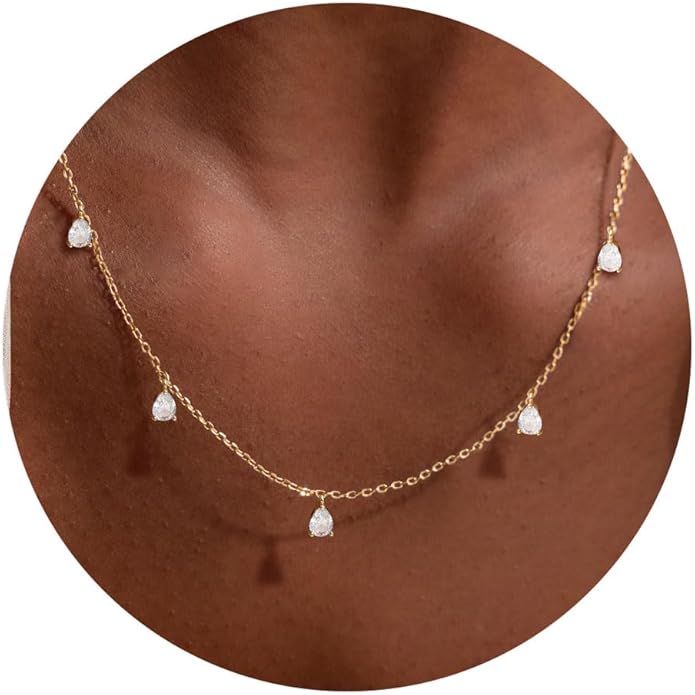 VRIUA Necklaces for Women - 14K Gold/Silver Plated Dainty Chain Necklace with Five Charms: Diamond, Bow, Snowflake, Cross, Flower, Clover, Butterfly, Heart, Star of David, and Star Trendy Jewelry
