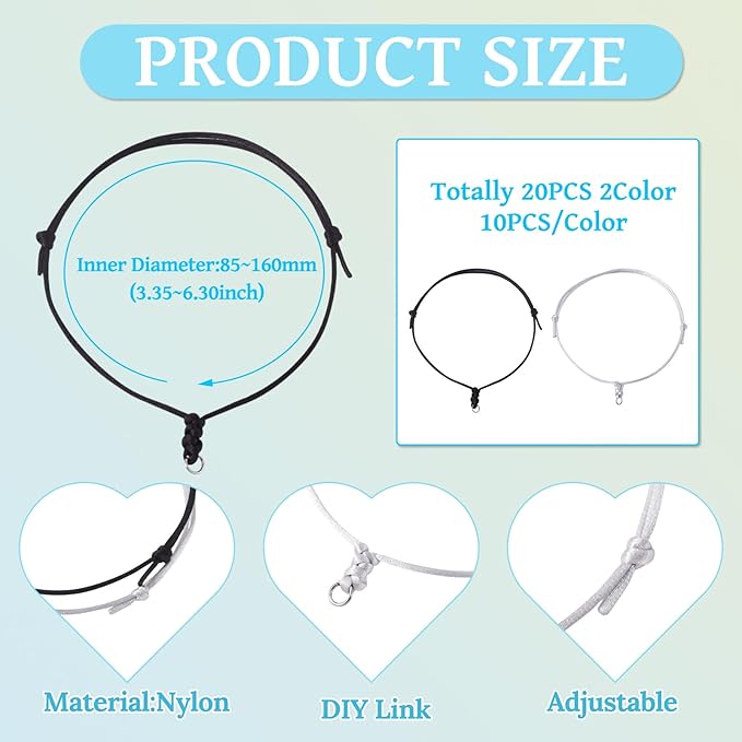 20Pcs Adjustable Braided Cord Black and White Waxed Thread Half Finished Bracelet with Jump Rings Knotting Bracelet Ropes for Wrist DIY Women Jewelry Friendship Bangle Decor 8.5-16cm Long