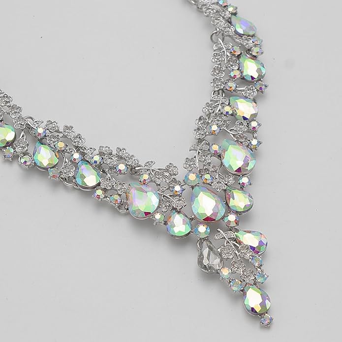 Bridal Bridesmaid Austrian Crystal Jewelry Set, Floarl rhinestone Statement Neckace Teardrop Necklace Drop Dangle Earrings Set