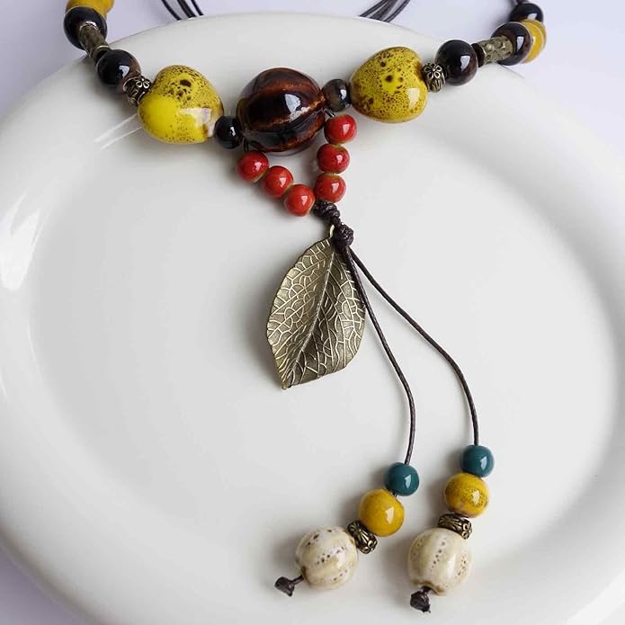 Boho Style Colorful Ceramic Bead Strand Necklace Adjustable Bohemian Jewelry Gift for Women, Fashion Clothing Matching Necklace