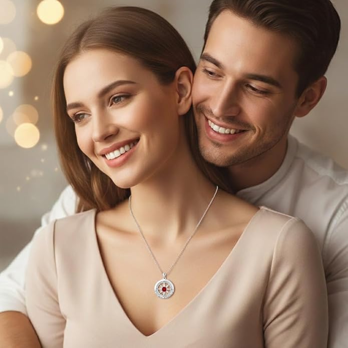 Compass Necklace for Women Wife Girlfriend Mom Daughter Gifts S925 Sterling Silver Jewelry For Anniversary Rose Gold Gifts For Birthday Christmas Mothers Valentines Day 12 Birthstones